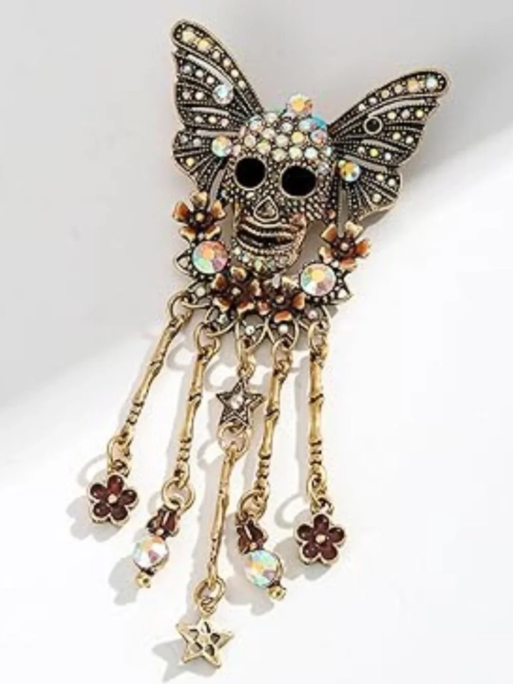 Weird Skull Brooch with Flowers and Rhinestones‎ Dangle Drop Goth Punk